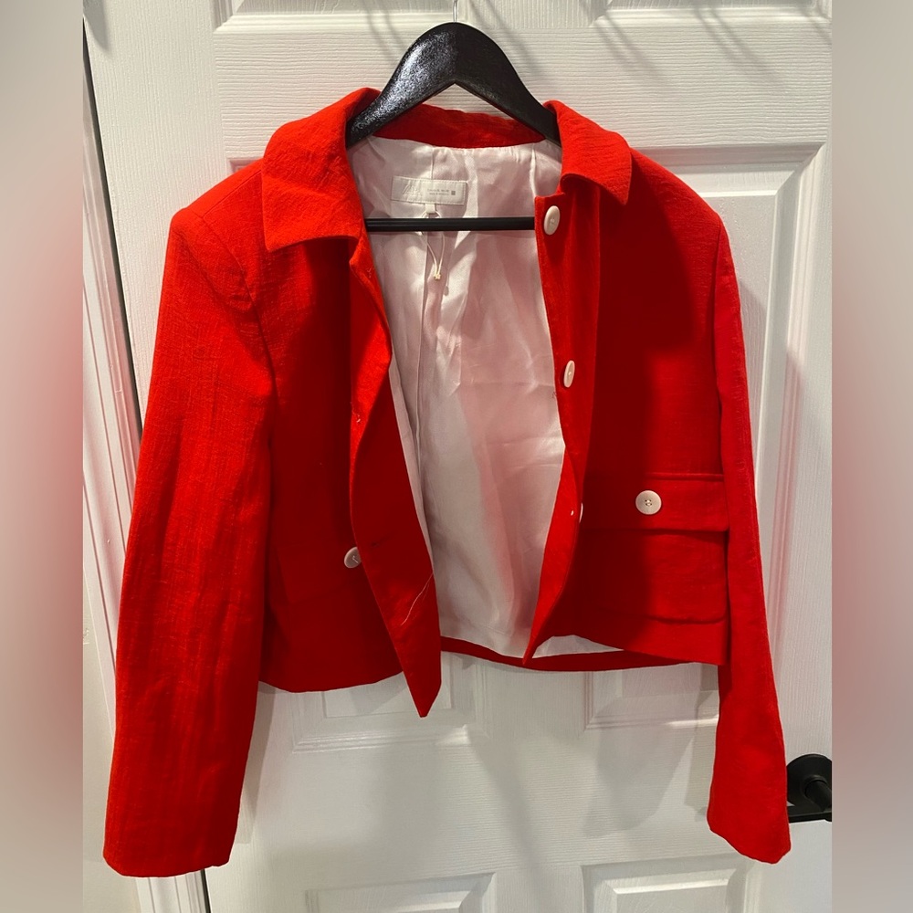 Zara Bright Red Cropped Blazer with White Buttons